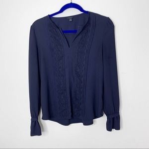 Ann taylor navy blue long sleeve blouse with lace details size XS